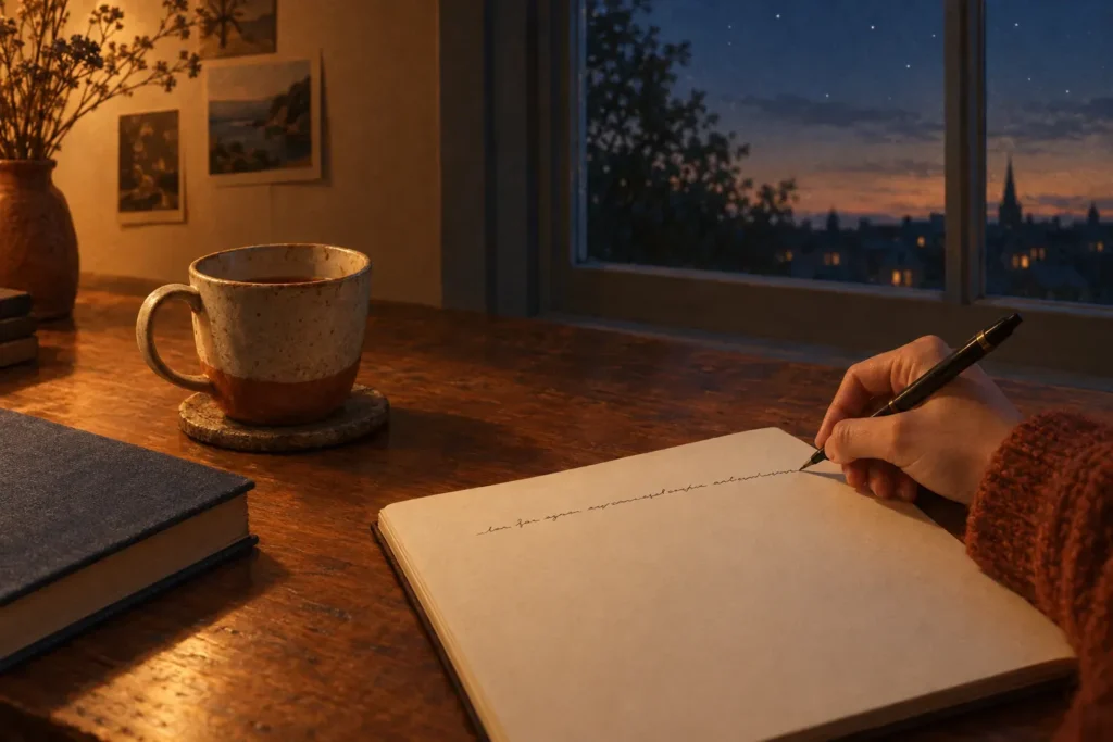 A cozy evening writing scene shows a hand holding a pen, writing in cursive on an open notebook placed on a wooden desk. A ceramic mug sits on a coaster beside a closed book, while a vase with dried flowers and small photos decorate the softly lit space. Through the window, a twilight sky glows over a quiet town with rooftops and a church spire visible in the distance. The warm indoor light contrasts gently with the cool blue of the night, evoking calm focus and creative reflection.