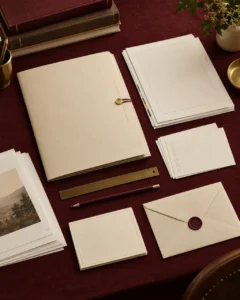A neatly arranged collection of stationery lies on a burgundy tablecloth, including a large beige folder tied with a brass button and string, stacks of blank cards and sheets, a sealed envelope with a burgundy wax stamp, and a pencil and ruler. Nearby are books, a small plant, and a brass cup, creating a warm, elegant workspace that evokes organization and classic correspondence.