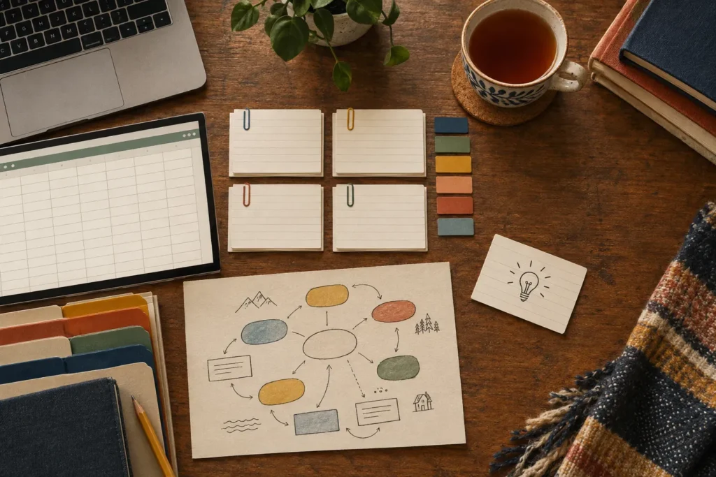 A cozy, organized workspace on a wooden desk featuring a laptop, a tablet displaying a spreadsheet, stacks of index cards clipped with colored paper clips, and a cup of tea on a cork coaster. A hand-drawn mind map with colorful ovals and small doodles—mountains, trees, waves, and a house—lies at the center, surrounded by notebooks, a pencil, and a striped blanket. A small card with a light bulb sketch symbolizes creativity and ideas, while warm lighting and earthy tones create an inviting, thoughtful atmosphere.