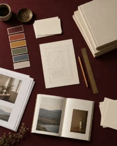 A creative workspace with an open photo book showing landscape and still‑life images, surrounded by layout sketches, color swatches in earthy tones, blank cards, a pencil, and a ruler on a burgundy tablecloth. The scene conveys the process of book design and visual planning in a calm, organized setting.
