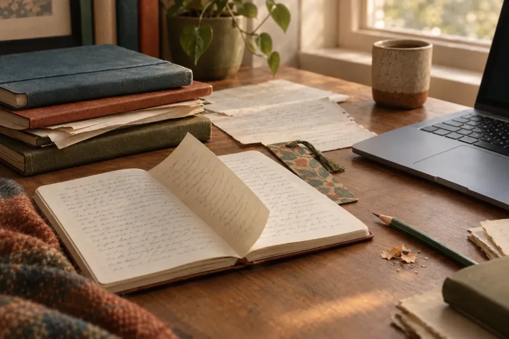 A warm, sunlit writing desk with an open notebook filled with cursive handwriting, its pages gently turning. Surrounding it are stacked journals in earthy tones, scattered handwritten papers, a patterned bookmark, and a sharpened green pencil with wood shavings nearby. A ceramic mug sits beside a laptop, and a small potted plant adds a touch of greenery near the window. The soft light and cozy textures create an inviting, reflective atmosphere, perfect for writing or creative work.