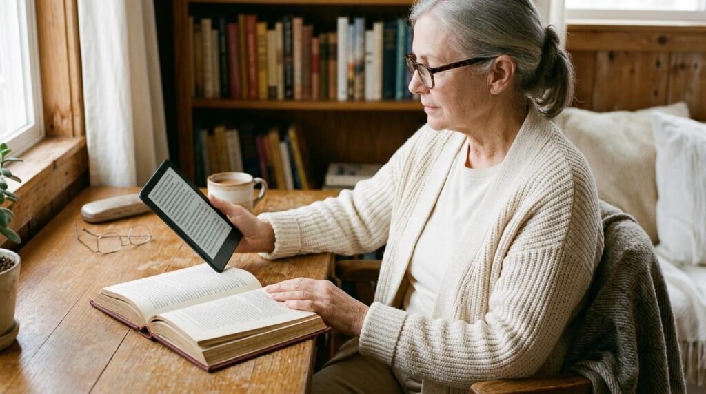 A reader uses an e-reader in a softly lit reading chair.