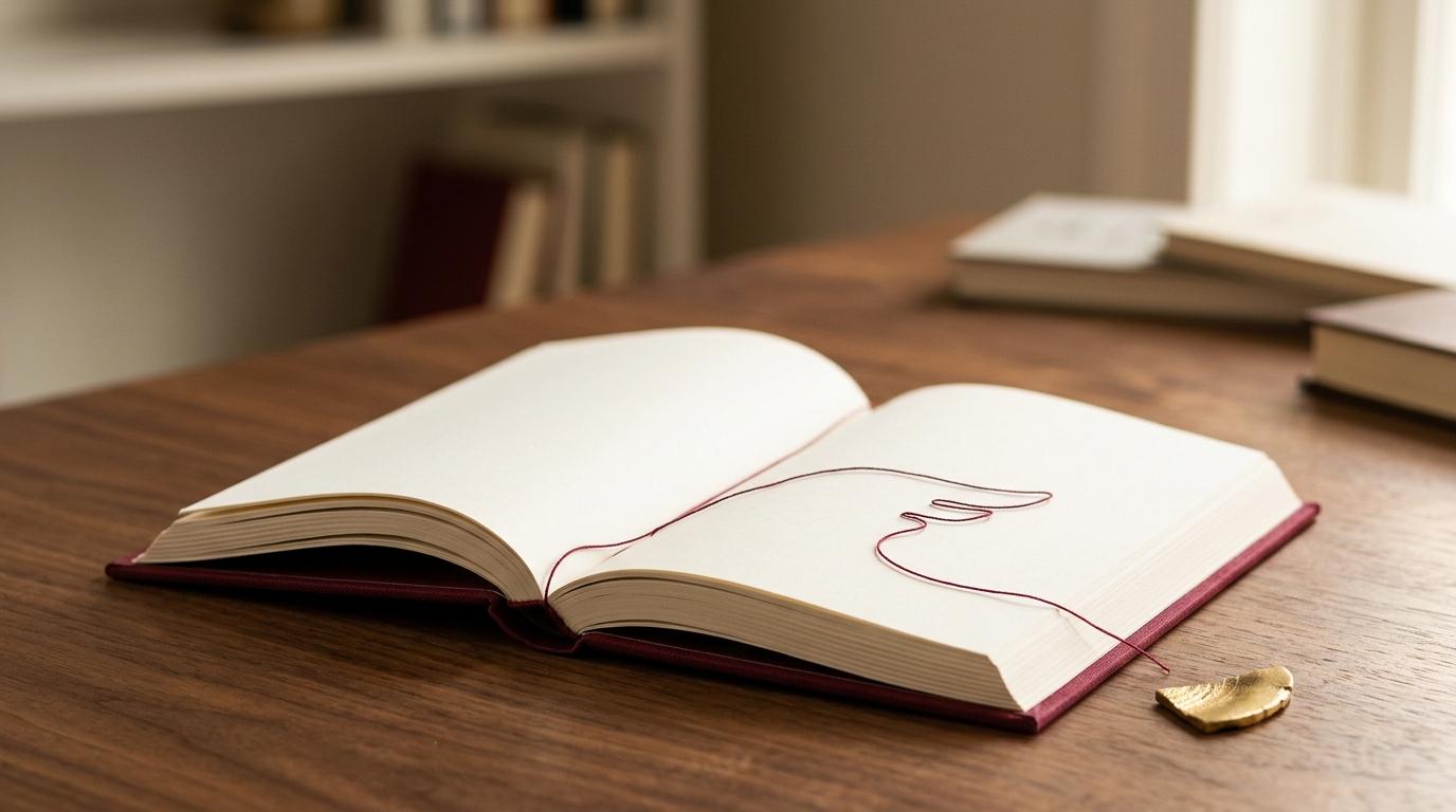 An open hardcover book with blank cream pages rests on a wooden table. A thin red string lies across the pages, artistically shaped into the outline of a hand pointing to the right. A small gold leaf-shaped object sits nearby, and blurred books and shelves appear in the background, creating a calm, creative atmosphere.