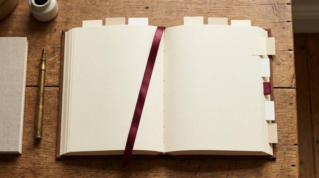 An open book with blank pages, empty section tabs and a burgundy ribbon bookmark.