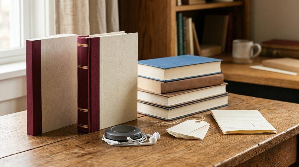 Print, hardcover and audio book formats arranged with blank tags on a publishing desk.