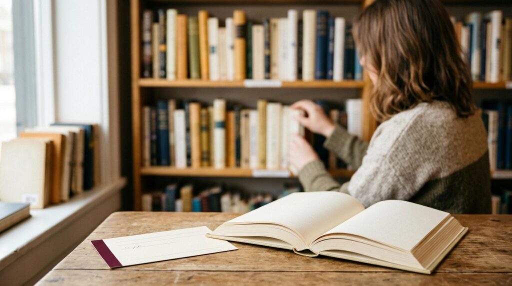 A reader browses books beside a blank catalogue card in an independent bookshop.