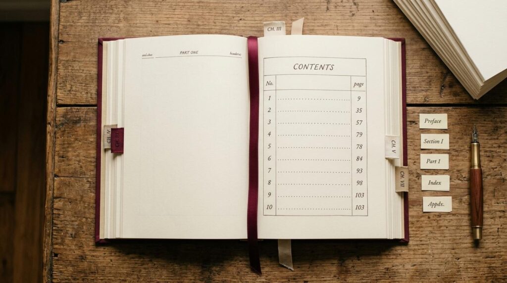 An open book displays a contents page with numbered chapter entries and section tabs on a wooden desk.