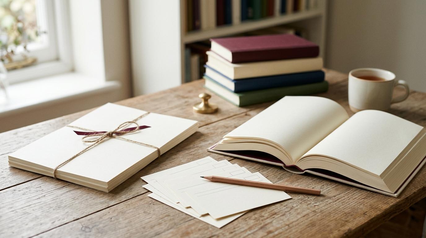 Open book, stack of books, index cards and a pencil arranged on a wooden desk in a publishing workspace, illustrating the organisation and management of book metadata.