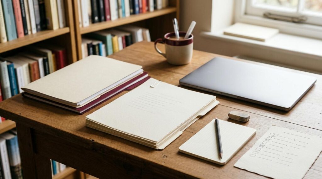 Proof sheets and publishing notes arranged neatly on an editor’s desk.